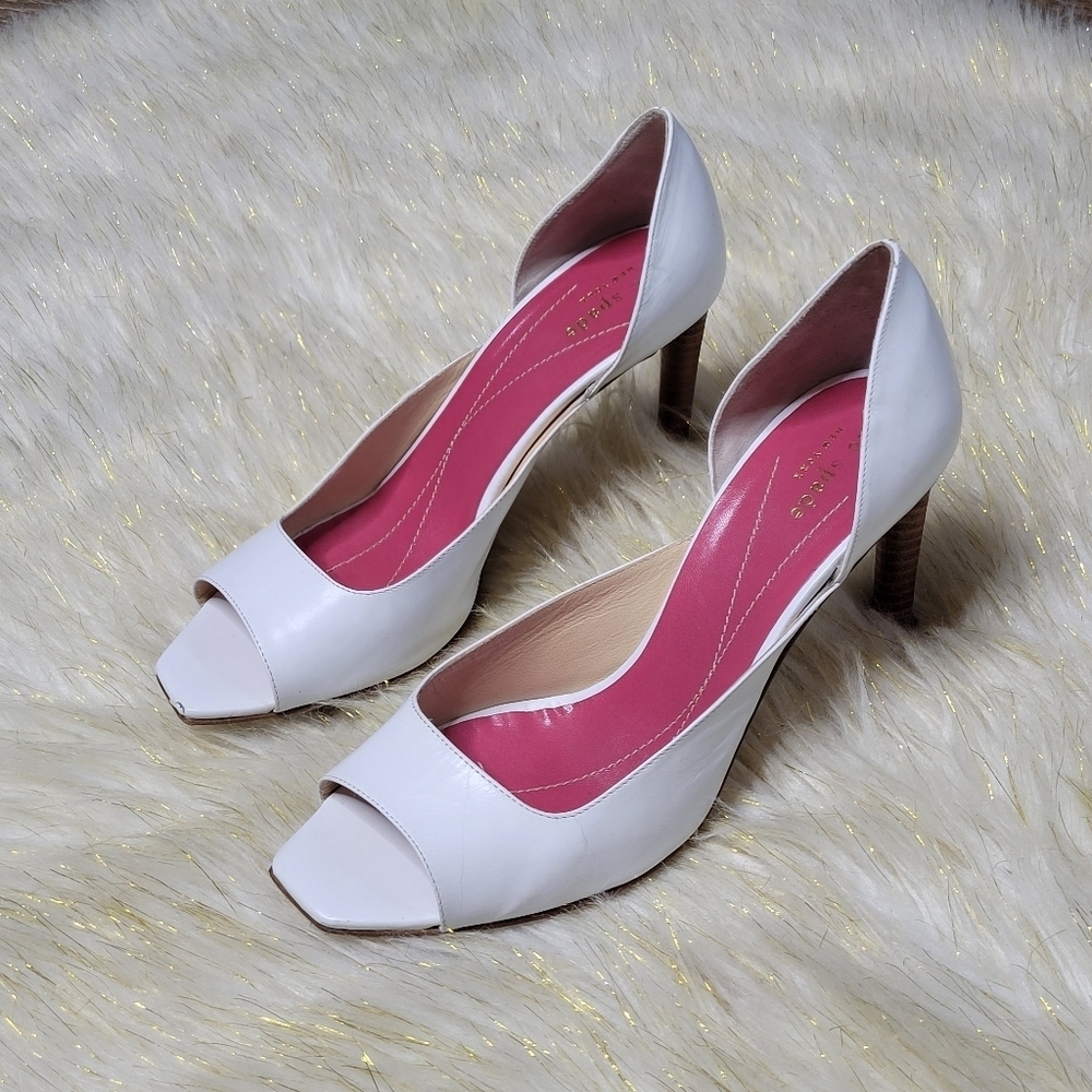 Kate Spade White D'orsay Open Toe Stacked Wood Wedding Heels Sz‎ 7.5 - Picture 15 of 16